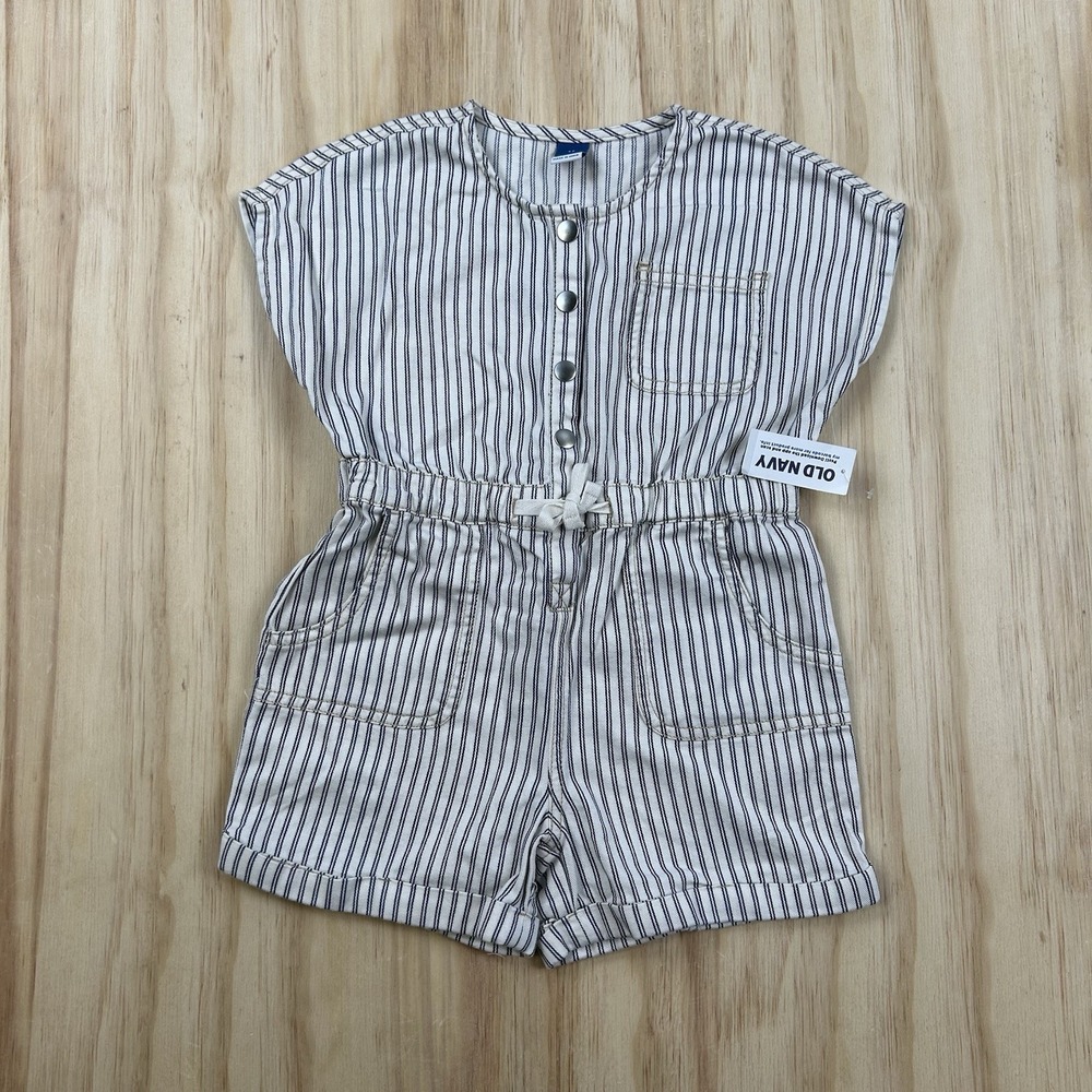 Old Navy Short-Sleeve Utility Pocket Romper Toddler Girls White Navy Striped 4T